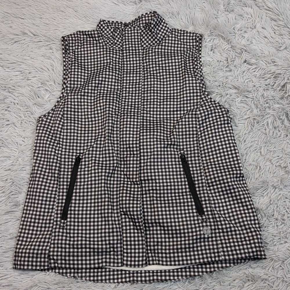 Talbots Vest Womens XS Black Check Gorpcore Zip Up Pockets Active Casual Comfort